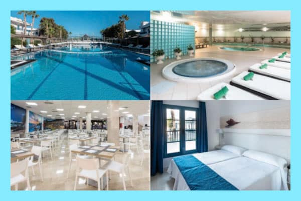 Collage of the facilities at THB Tropical Island including swimming pool, SPA, restaurant and bedroom