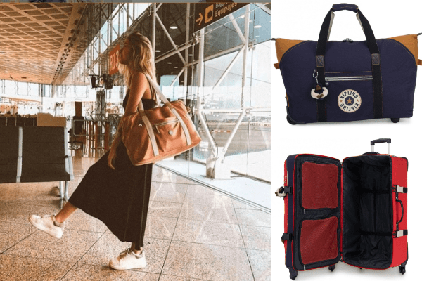 Collage of Kipling bags with lady looking stylish in the airport