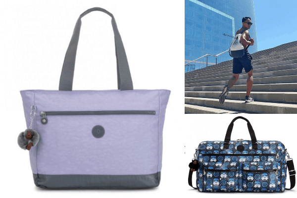 Kipling bags for day trips with a young man carrying a backpack up stairs